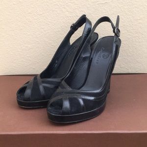 Black Leather and Suede Peep-Toe Heels